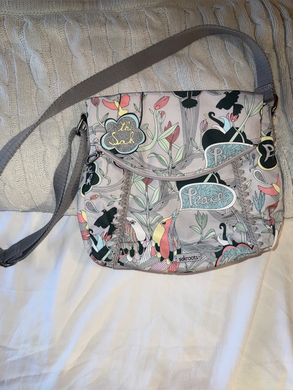 Sakroots Floral Peace Crossbody Bag in Grey Light Pink and Mint NWOT